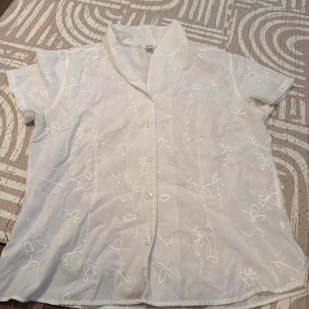 Christopher & Banks White Floral Embroidered Button Up Blouse Top XL Cottagecore